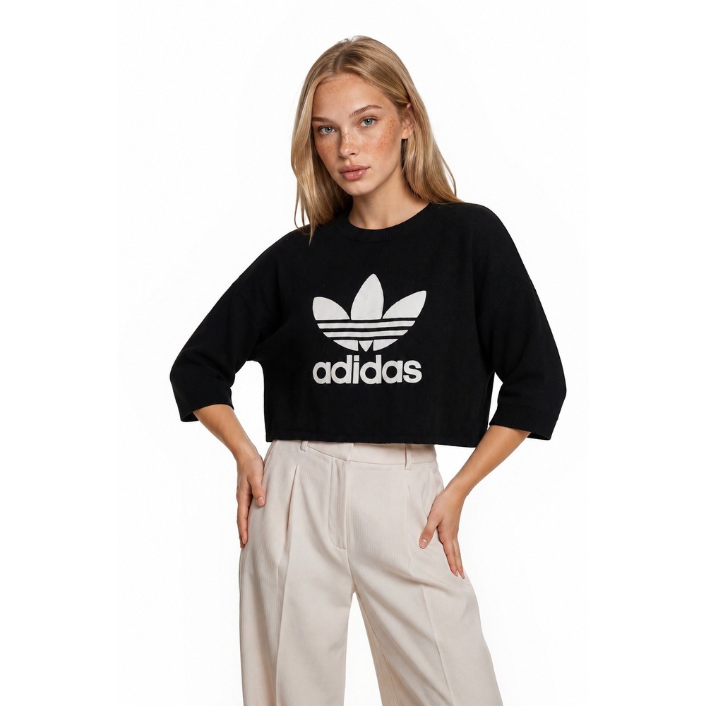 Adidas‎ Originals 100% Wool Cropped Sweater Women's Size XL Black Trefoil Logo